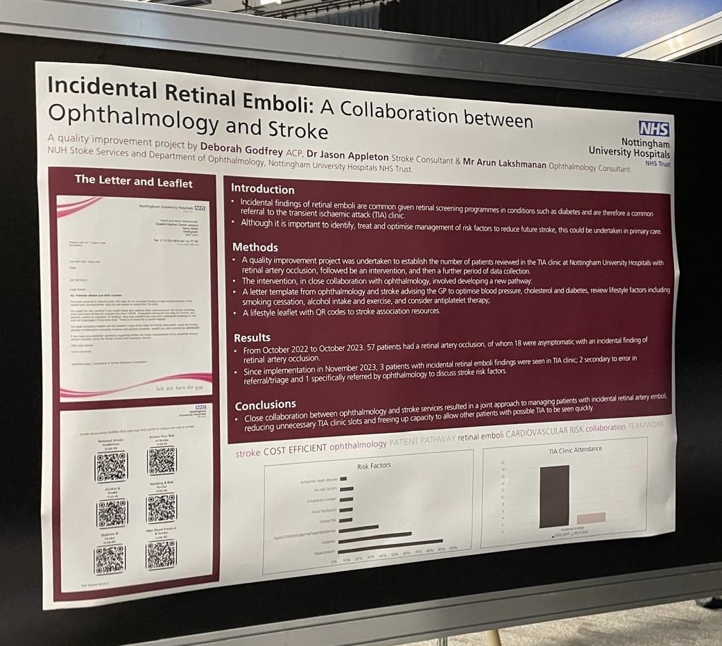 TIA Assessment Unit (@nuhtiaqmc) on Twitter photo <a href="/JPAppleton/">Jason Appleton</a> presented our poster on the pathway developed to manage incidental retinal emboli at the UK Stroke Forum today. A Quality improvement project with ophthalmology <a href="/JPAppleton/">Jason Appleton</a> presented our poster on the pathway developed to manage incidental retinal emboli at the UK Stroke Forum today. A Quality improvement project with ophthalmology