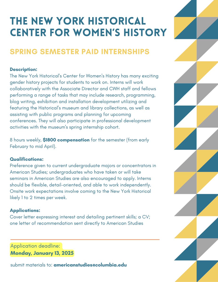 AmStudColumbia's tweet photo. Want an interesting and exciting internship for next semester? Apply to be an intern at the New York Center for Women's History! https://t.co/gwBattHAxY