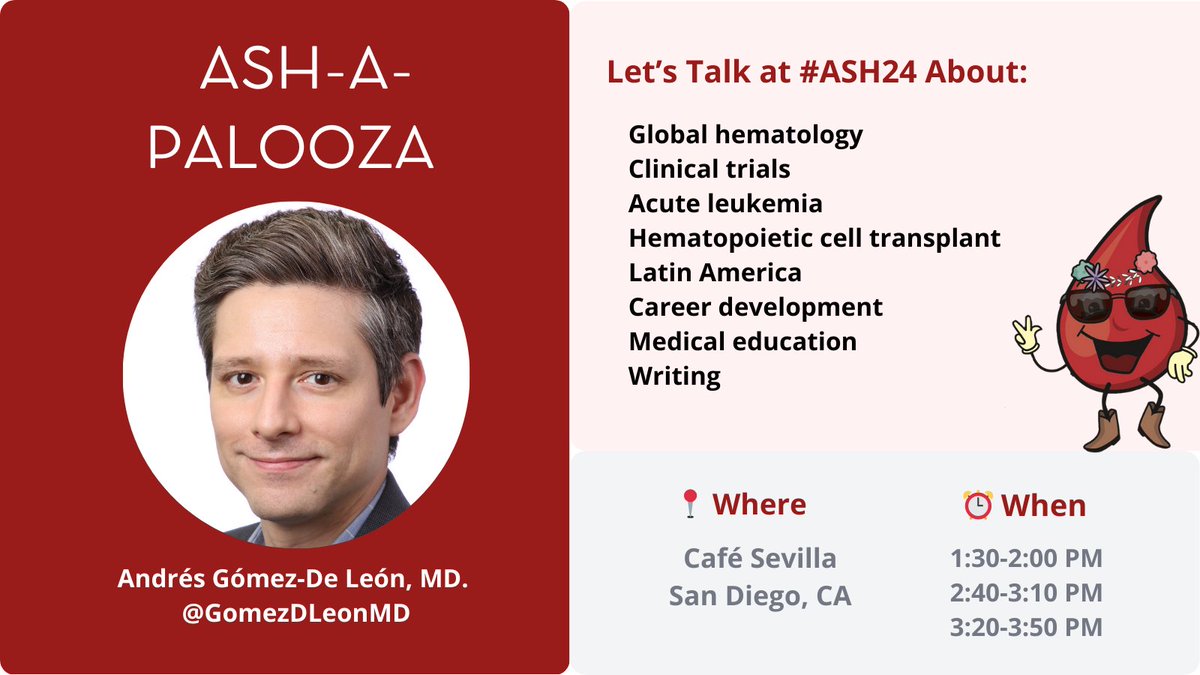 Trainees: I will be at #ASH24 ASH-a-Palooza this friday.

I want to meet you and talk about books, movies, music, traveling, sports, family life, Mexico and more. 

Also, I will try to convince you think outside made up lines on maps and work for #GlobalHematology.
