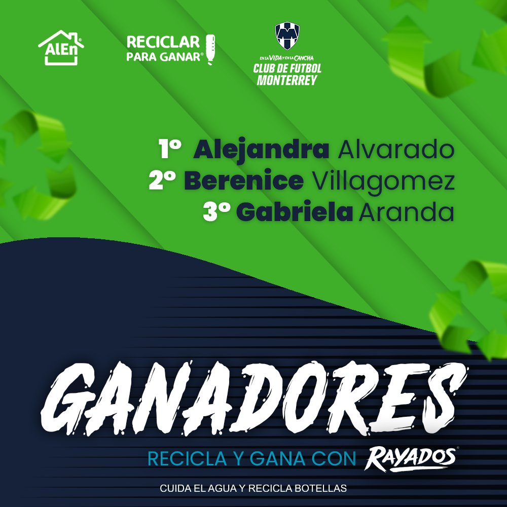 ¡FELICIDADES A LAS GANADORAS!
Felicitamos al top 3 socios de Reciclar para Ganar que participaron en la dinámica de acopio “Recicla y Gana con <a href="/Rayados/">Rayados</a>”, la cual se llevó a cabo en la máquina del Estadio BBVA del 19 de octubre al 15 de noviembre del 2024.