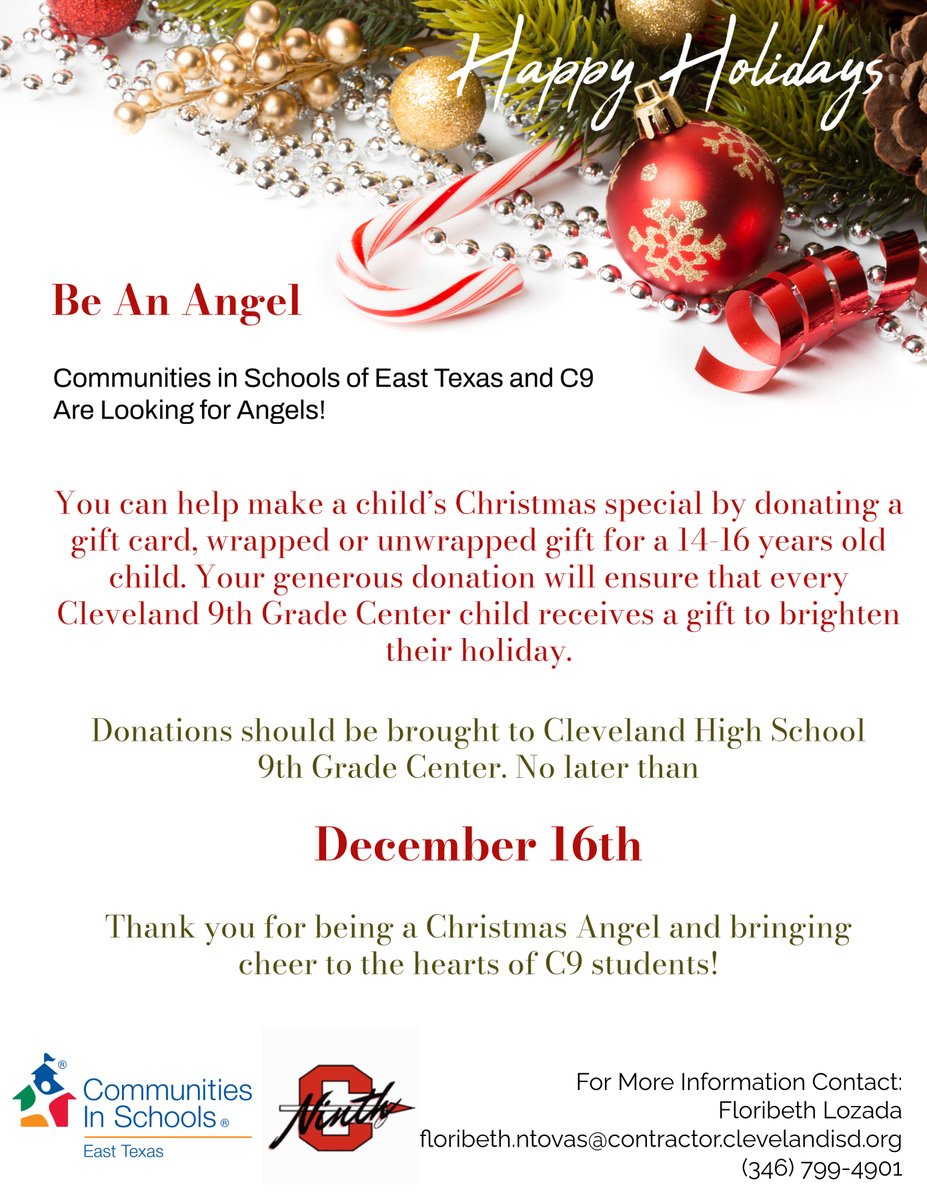 ClevelandISDTX's tweet photo. Communities In Schools of East Texas is putting together a donation drive for C9 students to receive gifts this holiday! Donate gifts to C9 by December 16th if you wish to participate. Thank you for being an Angel and bringing cheer to the hearts of C9 students! https://t.co/bemTj0tsXE