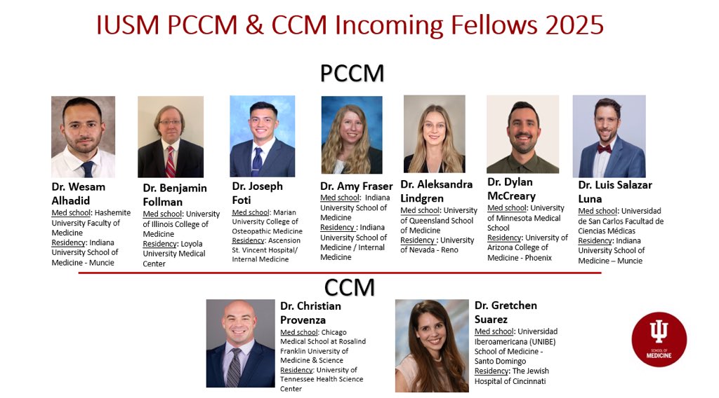 IU Pulmonary and Critical Care Fellowship (@iupccm) on Twitter photo We are SO excited to welcome our newest fellows!
Introducing the @iupccm PCCM Class of 2027 and CCM Class of 2026!! Welcome to IUPCCM!!!
<a href="/IUIntMed/">Indiana University Internal Medicine</a> <a href="/STVIM/">Ascension St Vincent IM/TY/PM Residency</a> <a href="/LoyolaChicago/">Loyola University Chicago</a> @iusmball <a href="/unevadareno/">University of Nevada, Reno</a> We are SO excited to welcome our newest fellows!
Introducing the @iupccm PCCM Class of 2027 and CCM Class of 2026!! Welcome to IUPCCM!!!
<a href="/IUIntMed/">Indiana University Internal Medicine</a> <a href="/STVIM/">Ascension St Vincent IM/TY/PM Residency</a> <a href="/LoyolaChicago/">Loyola University Chicago</a> @iusmball <a href="/unevadareno/">University of Nevada, Reno</a>
