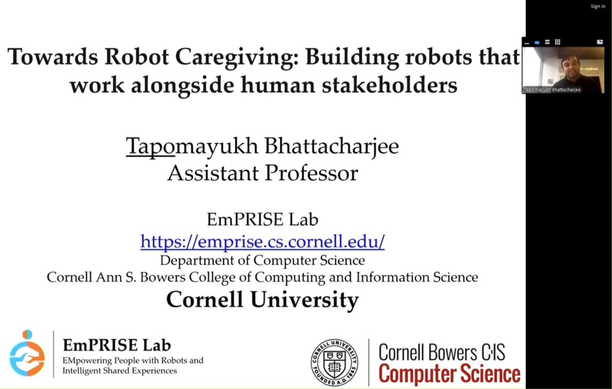 Christoforos Mavrogiannis (@mavrojean) on Twitter photo For the last guest lecture of the semester, we had <a href="/TapoBhat/">Tapomayukh "Tapo" Bhattacharjee</a> who gave an overview of recent research on assistive robotics. Really important work motivated by deep insights from stakeholders!
fluentrobotics.com/comphri/2024/ For the last guest lecture of the semester, we had <a href="/TapoBhat/">Tapomayukh "Tapo" Bhattacharjee</a> who gave an overview of recent research on assistive robotics. Really important work motivated by deep insights from stakeholders!
fluentrobotics.com/comphri/2024/