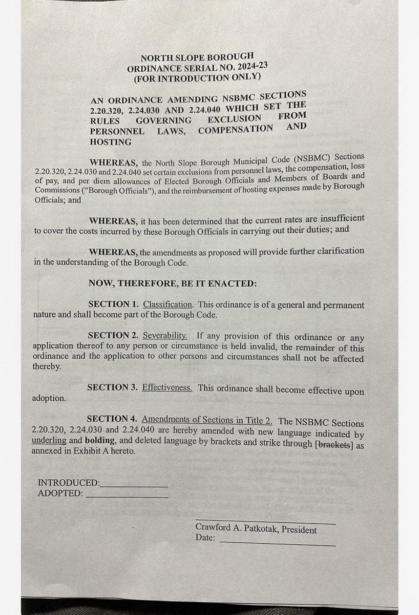 alaskalandmine's tweet photo. Wow. The North Slope Borough Assembly passed a change to their law yesterday that allows the spouse and legal dependents of the mayor to travel at the expense of the borough, as well as the spouses of Assembly members. 

For some context, Mayor Josiah Patkotak makes almost $300,000 a year! And his dad, Crawford Patkotak, is the chair of the North Slope Borough Assembly.