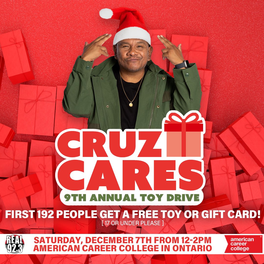 REAL 92.3 LA (@real923la) on Twitter photo Show up and get a free toy! REAL 92.3 and <a href="/thecruzshow/">The Cruz Show</a> are thrilled to have the first ever 2024 Cruz Cares toy giveaway on-site at @americancareercollege in Ontario!
The first 192 people (17 & under, please) get a free toy or gift card!
americancareercollege.edu/campuses/ontar… Show up and get a free toy! REAL 92.3 and <a href="/thecruzshow/">The Cruz Show</a> are thrilled to have the first ever 2024 Cruz Cares toy giveaway on-site at @americancareercollege in Ontario!
The first 192 people (17 & under, please) get a free toy or gift card!
americancareercollege.edu/campuses/ontar…