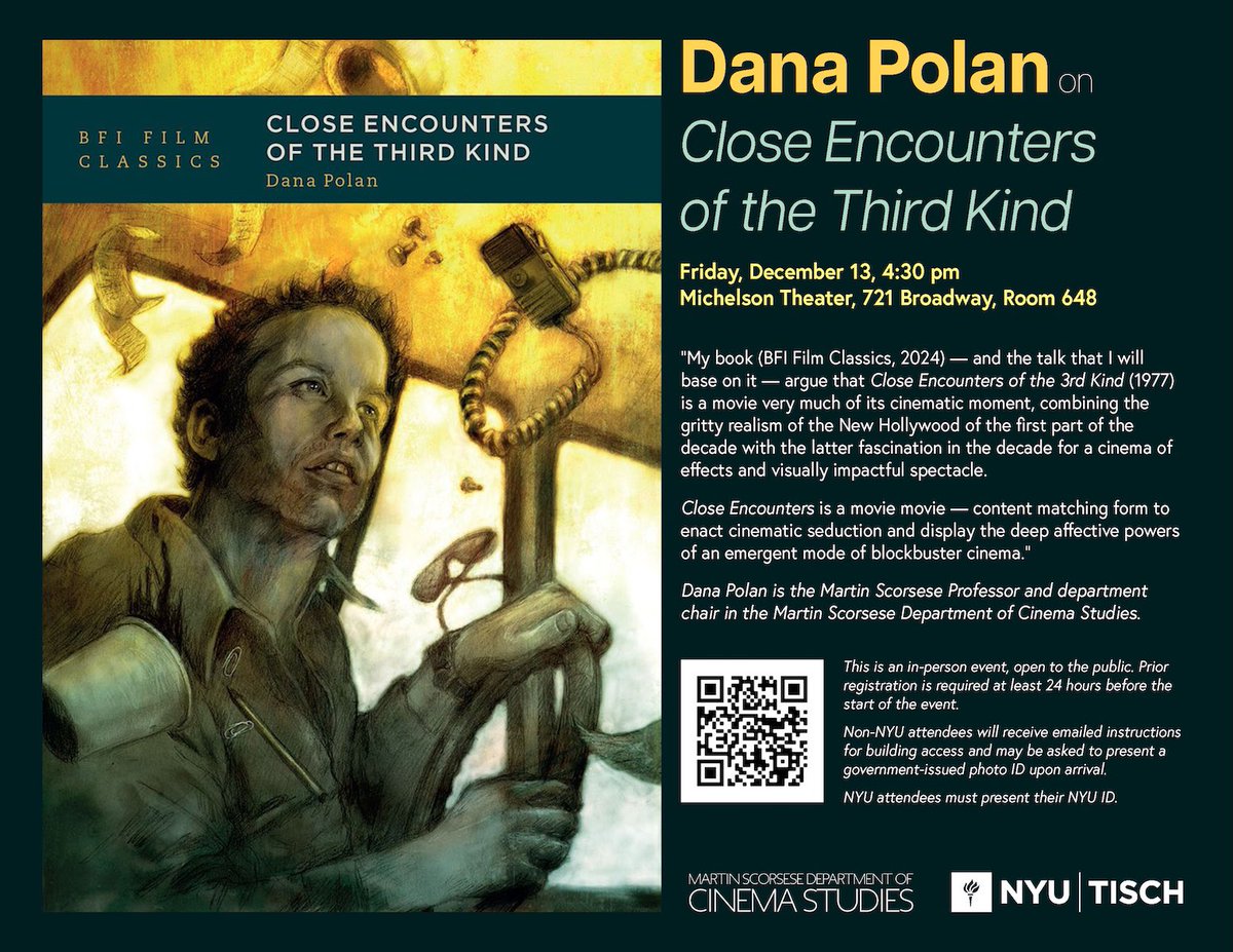 Join us as we celebrate Cinema Studies Department chair Dana Polan and his new book “Close Encounters of the Third Kind” on Friday, December 13th. RSVP here: tisch.nyu.edu/cinema-studies…