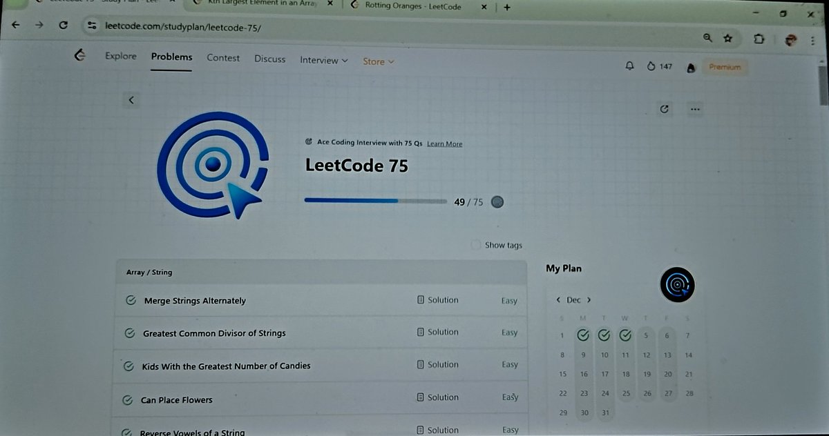 astha_ade's tweet photo. Day 22 of the #Leetcode75 Challenge!
🔸Solved 2 medium level problems using Heap
🔸Solved POTD
Progress - 49/75 ✅
#LeetCode #CodingJourney #CodingCommunit https://t.co/DcbADPLNkg