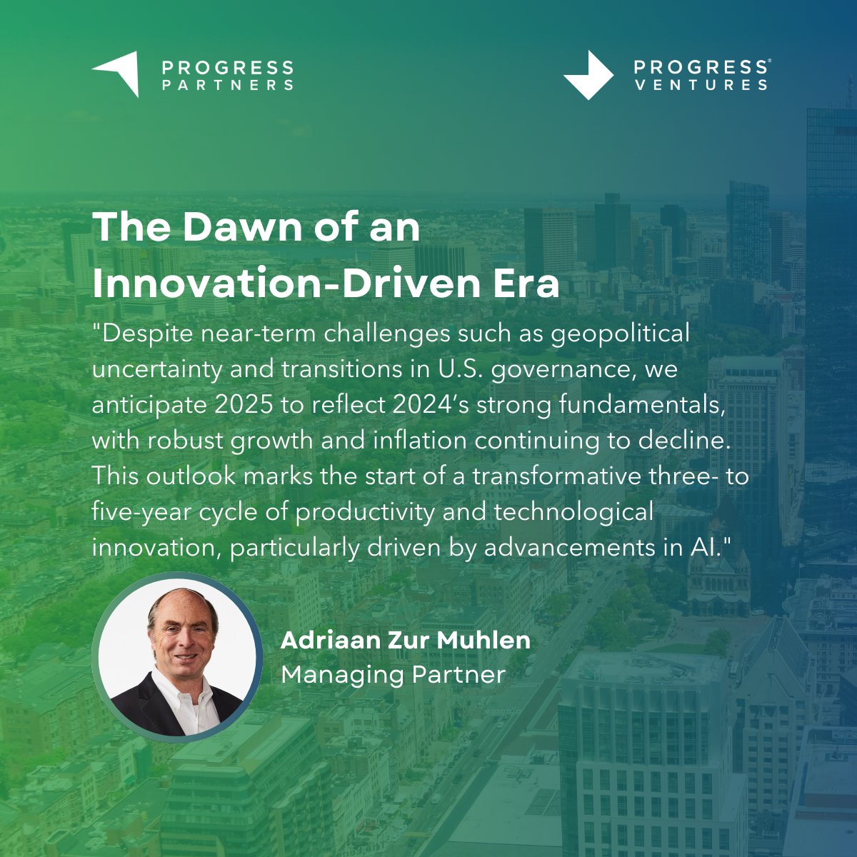 As 2025 approaches, Adriaan Zur Muhlen, Managing Partner at Progress Ventures, offers a forward-looking vision that highlights confidence in the future. 💡 
 
To explore the macroeconomic trends shaping 2024 and the outlook for 2025, listen here: lnkd.in/gpbK83kB