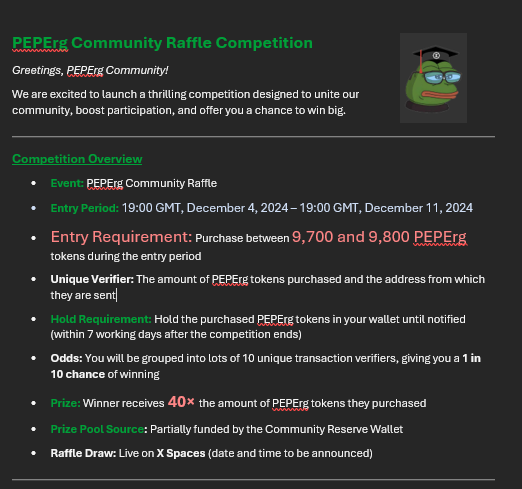 PepeErgo's tweet photo. Attention Ergonauts!

Looking for a chance to multiply your PEPErg holdings by 40×?

Join our exciting competition! You have a 1 in 10 chance of winning 40× your PEPErg.

Don't miss out on this incredible opportunity!

#Ergo $ERG #peperg

Terms and conditions apply. 🧵