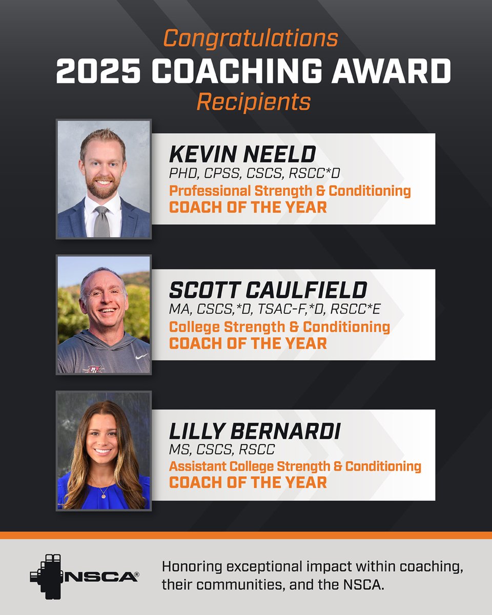 NSCA (@nsca) on Twitter photo Congrats, 2025 Coach of the Year Award winners, who’ll be honored at #NSCACoaches25 in NOLA Jan 8-10!
PROFESSIONAL
» <a href="/KevinNeeld/">Kevin Neeld, PhD</a> of <a href="/NHLBruins/">Boston Bruins</a>
COLLEGE
» <a href="/scottcaulfield/">Scott Caulfield</a> of <a href="/NorwichCadets/">Norwich Cadets</a>
ASSISTANT COLLEGE
» Lilly Bernardi of <a href="/UNC/">UNC-Chapel Hill</a>
EXPLORE THEIR STORIES: NSCA.com/media-room/pre… Congrats, 2025 Coach of the Year Award winners, who’ll be honored at #NSCACoaches25 in NOLA Jan 8-10!
PROFESSIONAL
» <a href="/KevinNeeld/">Kevin Neeld, PhD</a> of <a href="/NHLBruins/">Boston Bruins</a>
COLLEGE
» <a href="/scottcaulfield/">Scott Caulfield</a> of <a href="/NorwichCadets/">Norwich Cadets</a>
ASSISTANT COLLEGE
» Lilly Bernardi of <a href="/UNC/">UNC-Chapel Hill</a>
EXPLORE THEIR STORIES: NSCA.com/media-room/pre…