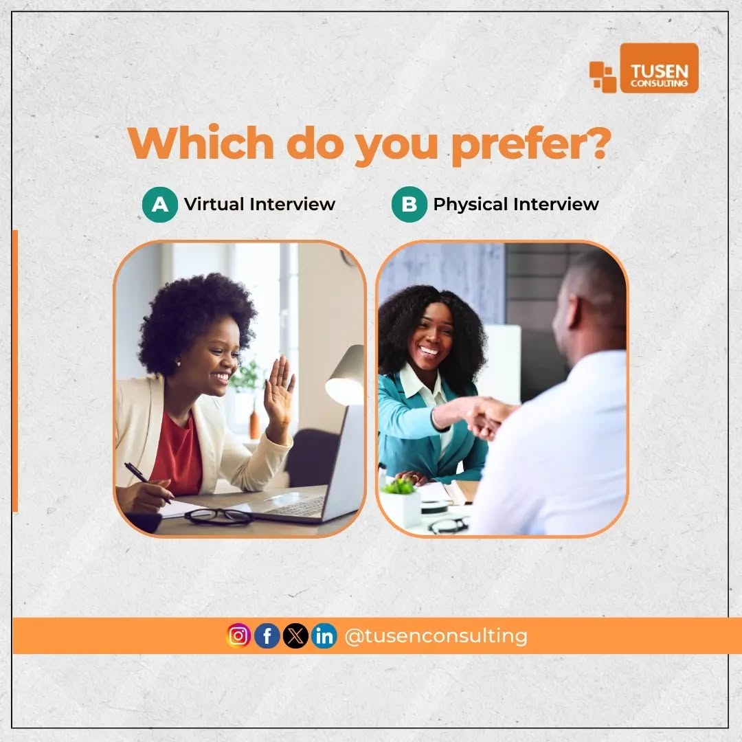 TusenConsulting's tweet photo. Choosing the Right Interview Style: Virtual or Physical? 💻🏢

 What's your preference for landing that dream job? Comment below👇. 

#tusenconsulting #jobinterviewtips #jobinterviewstyle #CareerGoals https://t.co/HXq7N0LzLc
