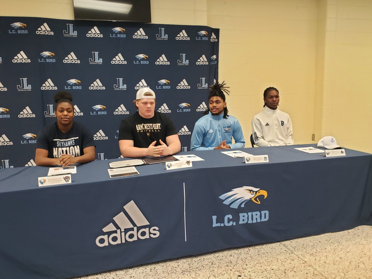 Sean Robertson (@cbs6sportssean) on Twitter photo At L.C. Bird (<a href="/bird_athletics/">L. C. Bird Athletics</a>) this morning, four student-athletes signed their NLI's for college next season.
Jason Wright - <a href="/UBFootball/">UB Football</a>
Jaqui Vaughn - <a href="/hupirates_fb/">Hampton Pirates Football</a>
James Bland - <a href="/ArmyWP_Football/">Army Football</a>
Nia Armstrong - <a href="/ncstate_sports/">Wolfpack Athletics</a>
<a href="/CBS6/">WTVR CBS 6 Richmond</a> <a href="/LCBfootball/">L.C. Bird Football π¦
π</a> At L.C. Bird (<a href="/bird_athletics/">L. C. Bird Athletics</a>) this morning, four student-athletes signed their NLI's for college next season.
Jason Wright - <a href="/UBFootball/">UB Football</a>
Jaqui Vaughn - <a href="/hupirates_fb/">Hampton Pirates Football</a>
James Bland - <a href="/ArmyWP_Football/">Army Football</a>
Nia Armstrong - <a href="/ncstate_sports/">Wolfpack Athletics</a>
<a href="/CBS6/">WTVR CBS 6 Richmond</a> <a href="/LCBfootball/">L.C. Bird Football π¦
π</a>