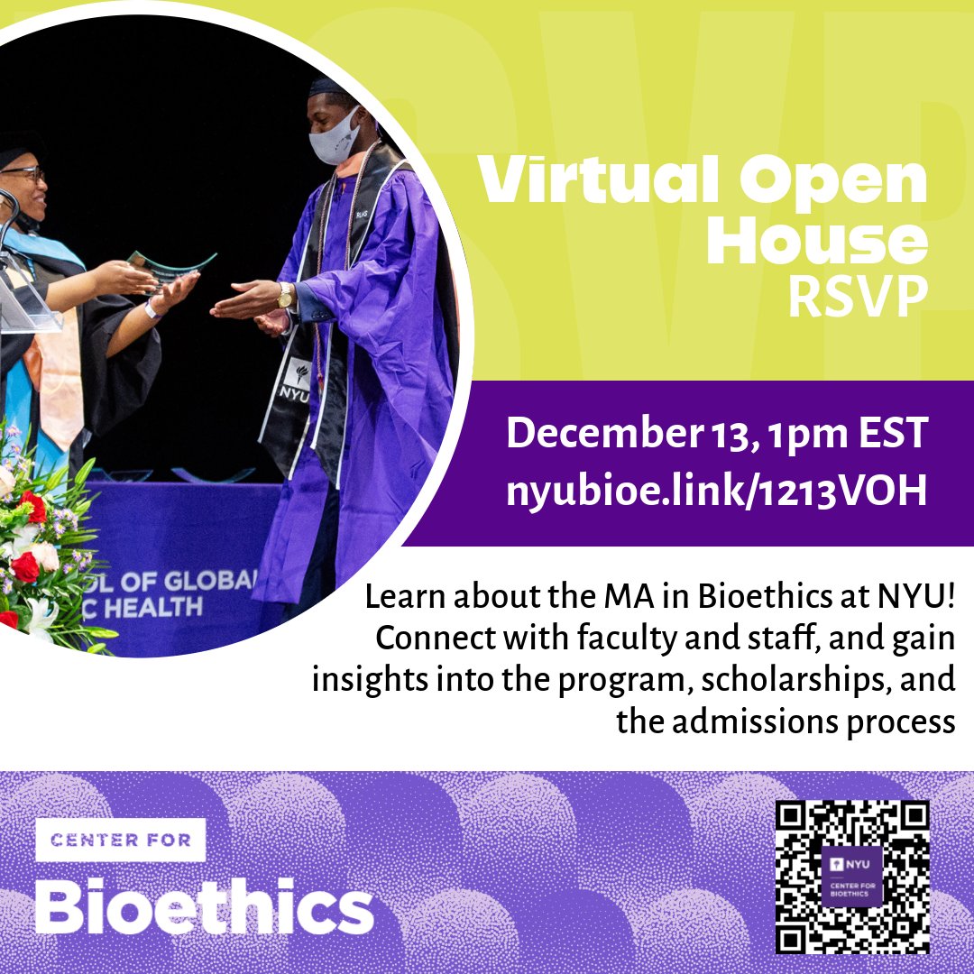 Join NYU's MA in Bioethics Virtual Open House!
📅 Dec 13 ⏰ 1PM EST 💰 Automatic scholarship consideration ✨ Fall '25 applications open
Register: nyubioe.link/1213VOH
#Bioethics #MA #NYU