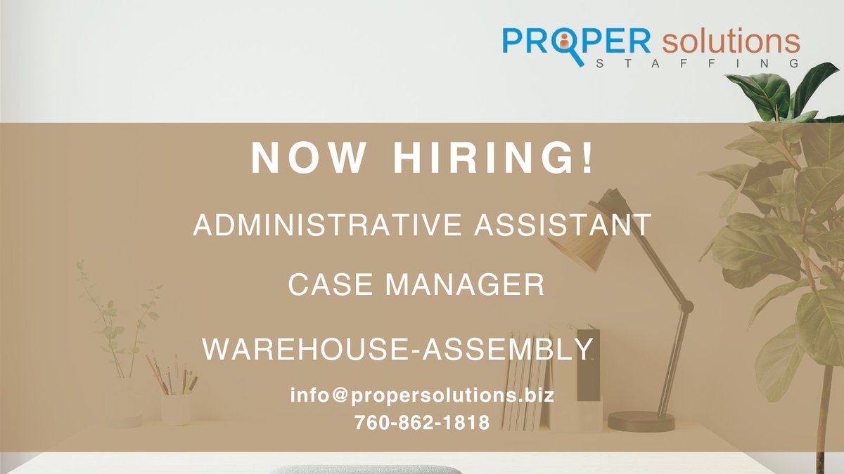 ProperSolutions's tweet image. Looking for a great job? We are here to help you land it! Reach out today or send us your resume to jumpstart your career journey. Give us a call at 760-862-1818 or email us at info@propersolutions.biz. 
 
#CareerOpportunities #JobSearch 
Jobs: 
buff.ly/3AYNb4M
