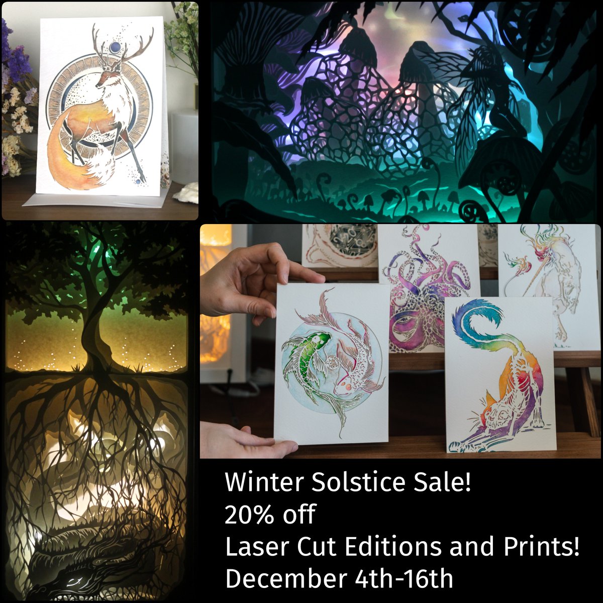 My Winter Solstice Sale is LIVE! 20% off all laser cut editions and prints from now until December 16th! Give a gift of light this holiday season! The sale includes all laser cut oneiroframes, hand painted 5x7" originals, and printed greeting cards.