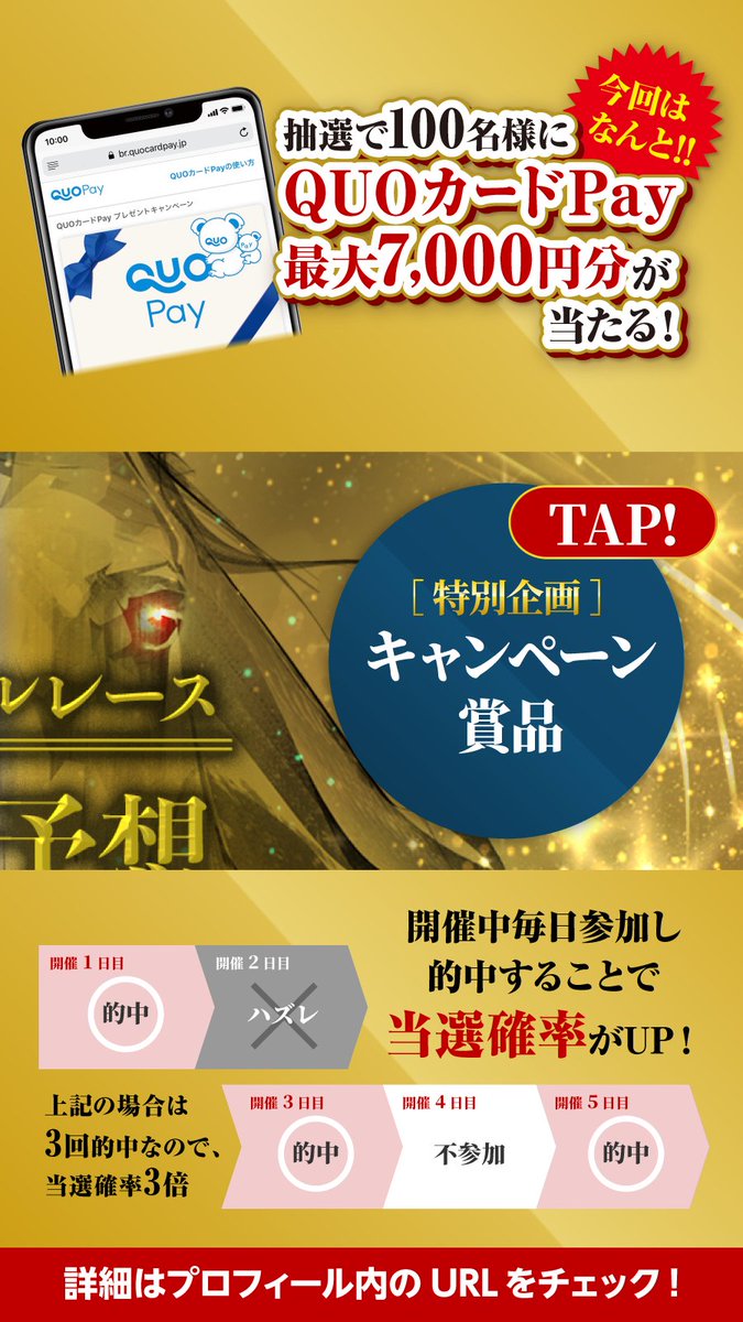 tck_keiba's tweet photo. 特別企画‼
勝馬の2択予想でQUOカードPay最大7⃣0⃣0⃣0⃣円分🎁

本日の #大井ファイナル はブルージルコン賞
https://t.co/tdxeqCwLUA
1⃣@tck_keibaをフォロー
2⃣リンク先から前走の成績をチェック
3⃣前走3着以内の馬が勝つと思ったらこの投稿をリポスト、4着以下の馬ならいいね
締切：12/5 20:45 https://t.co/LL2Qh5rRZE