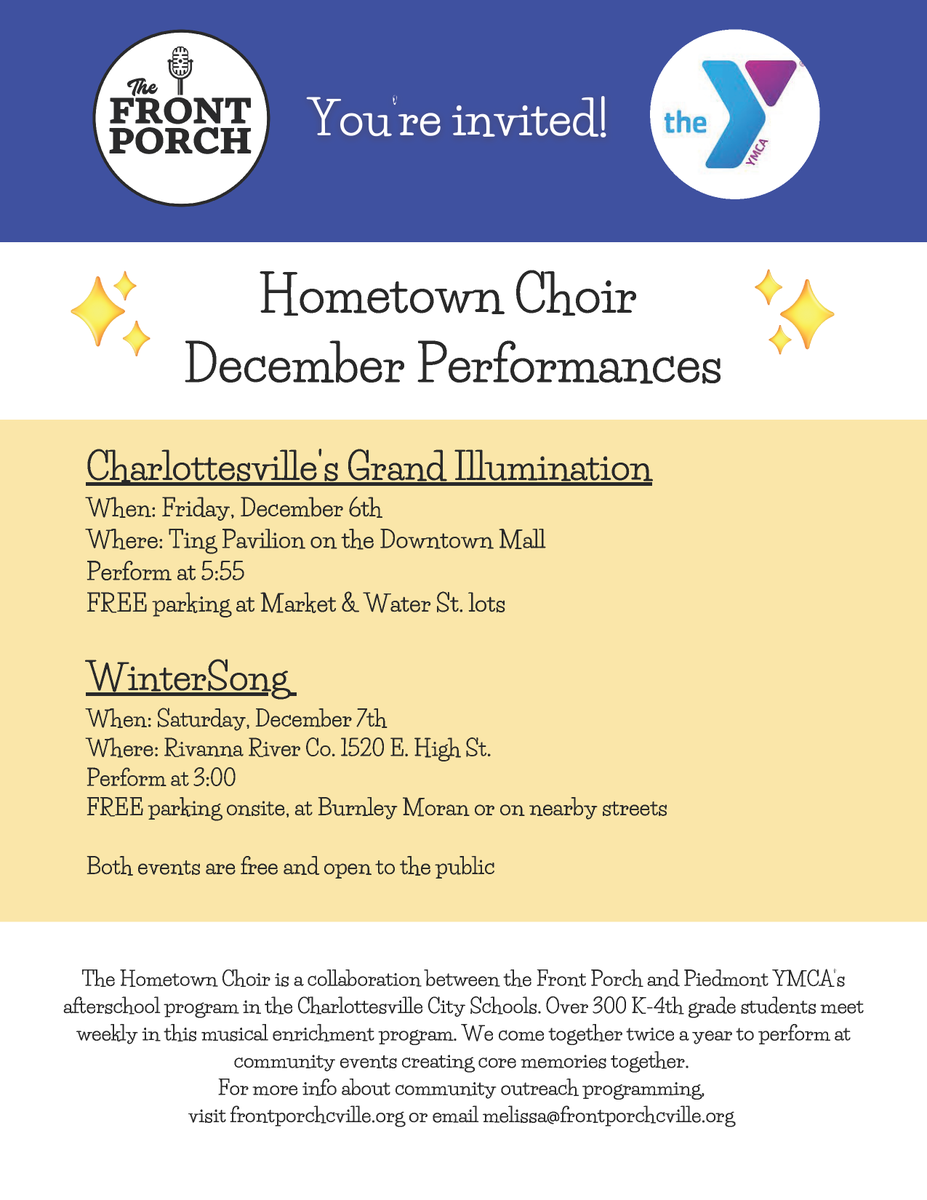 There are two chances this weekend to see 300 of our elementary students in the Hometown Choir!
🌟Charlottesville Grand Illumination🌟
Friday, 12/6, Performance at 5:55pm at Ting Pavilion
AND
❄️WinterSong❄️
Saturday, 12/7, Performance at 3pm at Rivanna River Company