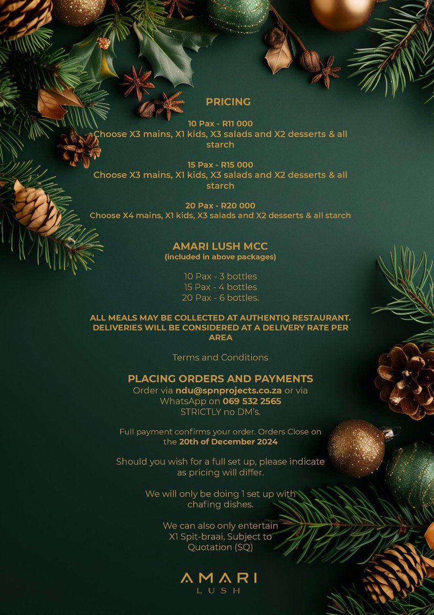 NduBarsEquipped's tweet photo. San’bonani. 

It’s that time of the year again, where we think of you and ensure you take the years strain off your shoulders. 

Please take a look at our Christmas Day solution for you and yours. 

Complimentary bubbles Amari Lush with every order.

ChefNdu https://t.co/dg9E40H9mu