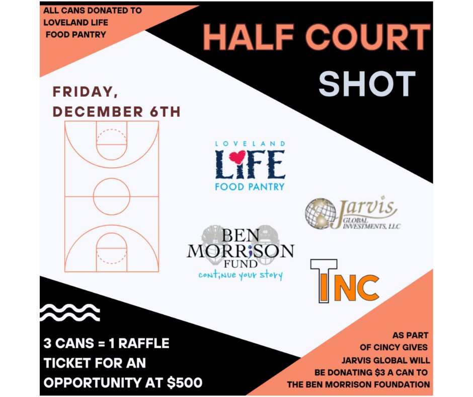 Pick up some canned goods for the LHS Basketball game on Friday, December 6th at Loveland HS. 

#BenMorrisonCincyGives #CincyGives
#continueyourstory
<a href="/LHSHOPESquad/">LHS HOPE Squad</a> @TigerspiritClu1 <a href="/988Initiative/">The 988 Initiative</a> <a href="/LHS_GirlsHoops/">Loveland Girls Basketball</a> <a href="/Loveland_MensBB/">Loveland HS Tigers Men’s Basketball</a>