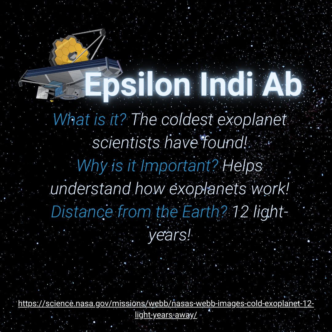 steameducentres's tweet image. For this weeks Webb Wednesday, we look at the coldest exoplanet found! Epsilon Indi Ab helps the scientists learn more about planets and understand them better! ✨💫🪐
Head to: science.nasa.gov/missions/webb/… for more information!
#space #jwts #JamesWebb #SpaceDiscovery