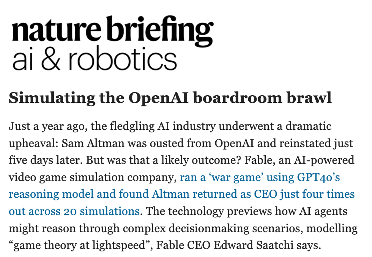 Omg! Prestigious science magazine <a href="/Nature/">nature</a> picked up on the OpenAI Wargames research we published! 

Let's give agents a light and dark side and let them be complex - like people!