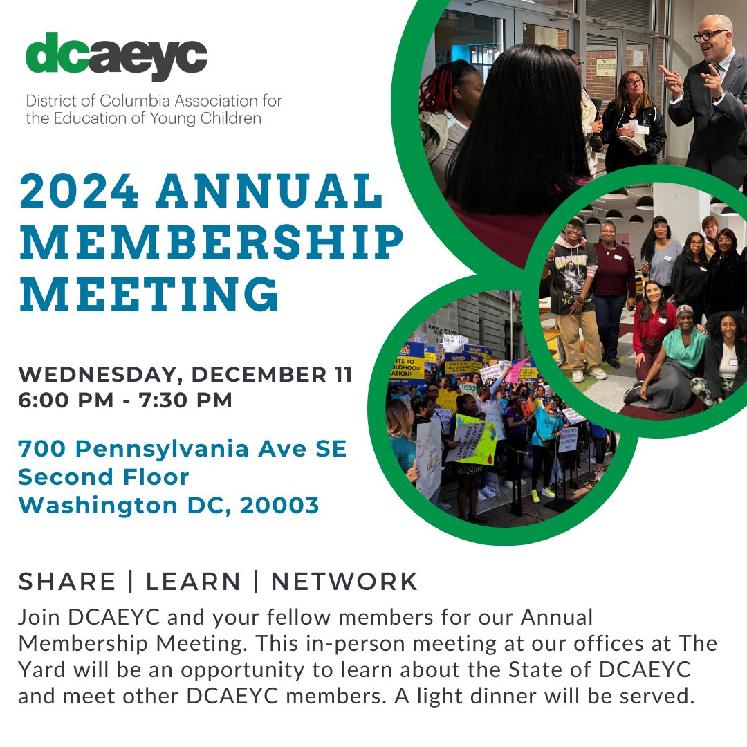 DCAEYC's tweet image. Join DCAEYC and your fellow members for our 2024 Annual Membership Meeting. This in-person meeting at our offices at The Yard will be an opportunity to learn about the State of DCAEYC and meet other DCAEYC members. A light dinner will be served. RSVP here: tinyurl.com/ydkkk8n7