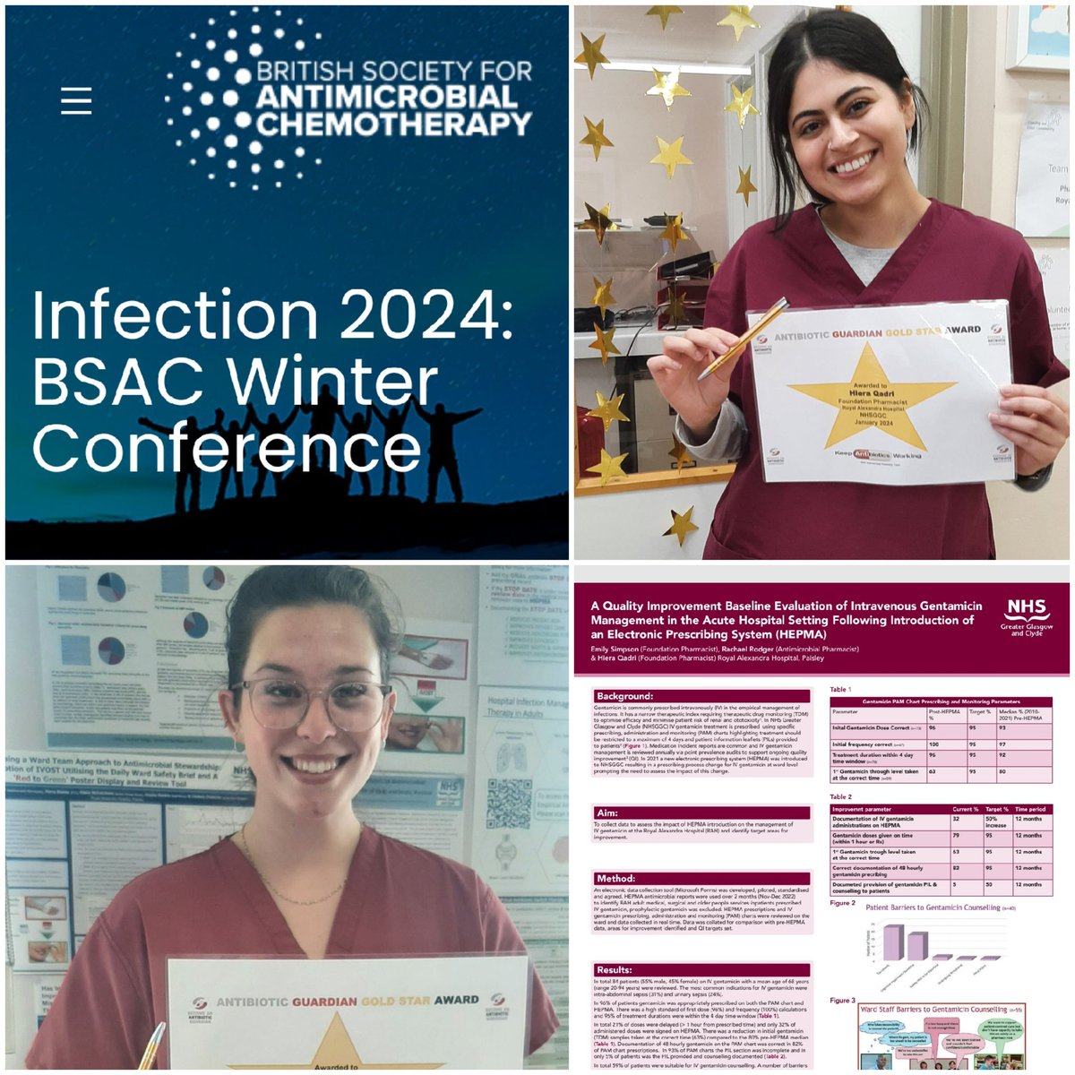 Delighted to present our poster A #QI baseline evaluation of IV #gentamicin management in the #acute setting post #HEPMA implementation at the #BSAC winter conference. Great work by our #RAH #foundation pharmacists ⭐👏
<a href="/BSACandJAC/">BSAC</a> <a href="/NHSGGCPharmacy/">NHSGGC - Pharmacy Services</a> <a href="/SAPGAbx/">SAPG</a> <a href="/NHSGGC/">NHS Greater Glasgow and Clyde</a> <a href="/AntibioticScot/">ASAP Group</a>