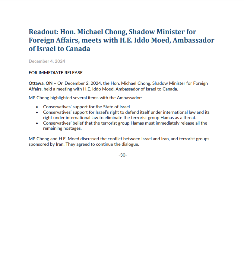 MichaelChongMP's tweet image. This week, I met with H.E. Iddo Moed, Ambassador of Israel to Canada to discuss the war between Israel and Hamas. Here is the readout of our meeting:

#cdnpoli