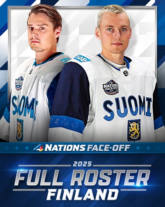 Top: Photos of Sebastian Aho and Roope Hintz in Finland’s team uniform.

Below reads, “4 Nations Face-Off 2025 full roster - Finland”. 

