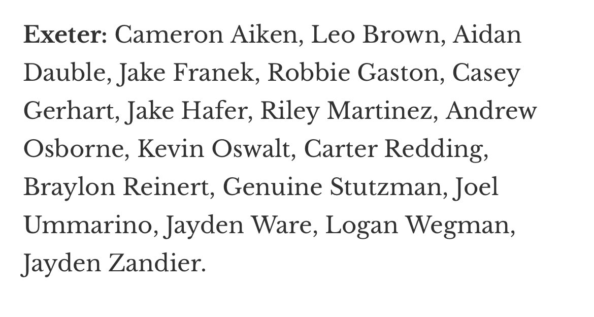 Casey Gerhart (@gerhartcasey18) on Twitter photo Blessed to be named to the All County 1st team as well as the all academic team! Congratulations to everyone else selected.
<a href="/ExeterTwpFB/">EXeter Twp PA FB</a> <a href="/Sabianstrong/">Coach Sasala</a> Blessed to be named to the All County 1st team as well as the all academic team! Congratulations to everyone else selected.
<a href="/ExeterTwpFB/">EXeter Twp PA FB</a> <a href="/Sabianstrong/">Coach Sasala</a>