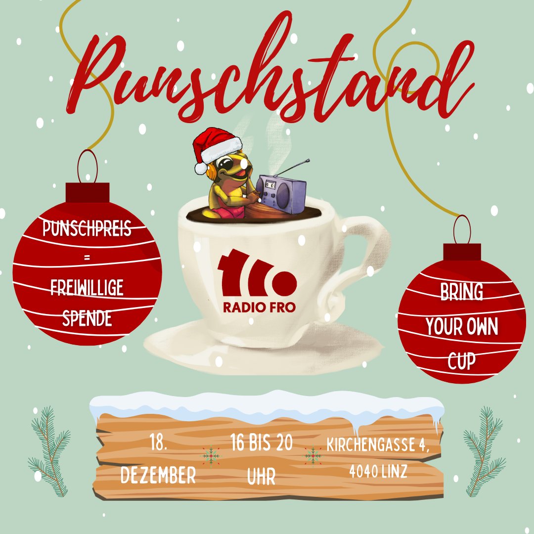 Radio FRO (@radiofro) on Twitter photo Radio FRO lädt ein zum Punschen! Am 18. Dezember vor der <a href="/stwst_linz/">STADTWERKSTATT</a> von 16 bis 20 Uhr. Freut euch auf guten antialkoholischen und alkoholischen Punsch und Kekse!Bring your own cup! Radio FRO lädt ein zum Punschen! Am 18. Dezember vor der <a href="/stwst_linz/">STADTWERKSTATT</a> von 16 bis 20 Uhr. Freut euch auf guten antialkoholischen und alkoholischen Punsch und Kekse!Bring your own cup!