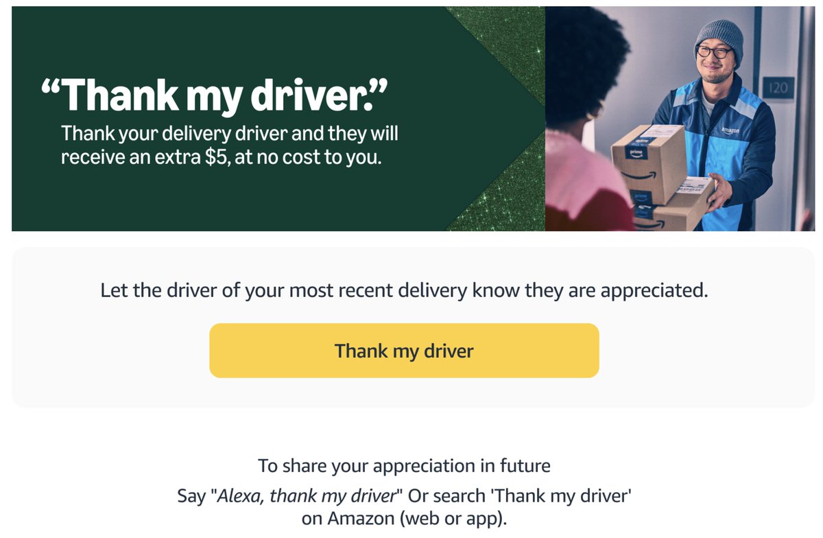 FREE $5 TIP - THANK MY AMAZON DRIVER 🎁

Say “Alexa, thank my driver” using your Alexa device. 

🎙️ amazon.com/b?ie=UTF8&node…