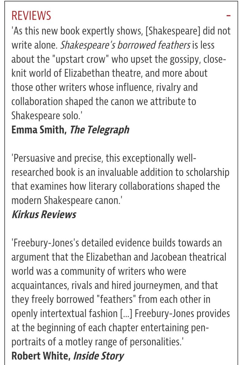 So delighted with reviews in for SHAKESPEARE'S BORROWED FEATHERS

manchesteruniversitypress.co.uk/9781526177322/
<a href="/earreadthis/">Ash/Ear Read This is on Blue Sky</a> <a href="/OLRReview/">Open Letters Review</a> <a href="/Mind_the_Blog/">Mind the Blog</a> <a href="/KirkusReviews/">Kirkus Reviews</a> <a href="/insidestorymag/">Inside Story</a> <a href="/HistoryEpoch/">EPOCH History Magazine</a> <a href="/LRB/">London Review of Books</a> <a href="/washingtonpost/">The Washington Post</a> <a href="/guardianculture/">Guardian culture</a> <a href="/LAReviewofBooks/">Los Angeles Review of Books</a> <a href="/TheSpectator/">The Spectator World</a> <a href="/books2cover/">History Book Chat</a> <a href="/RodMannix/">Rod Mannix #WritingCommunity</a> <a href="/prospect_uk/">Prospect</a>