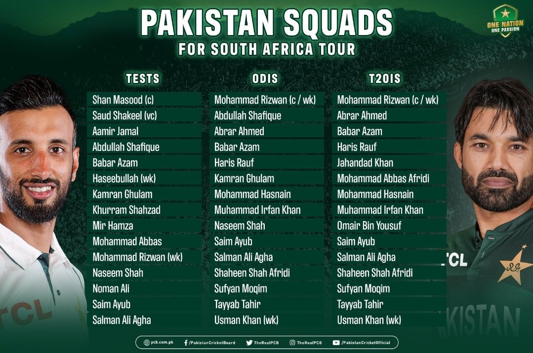 🚨 Update 
The PCB has revealed their squad for the upcoming series against South Africa, which will include all formats.
#SAVPAK