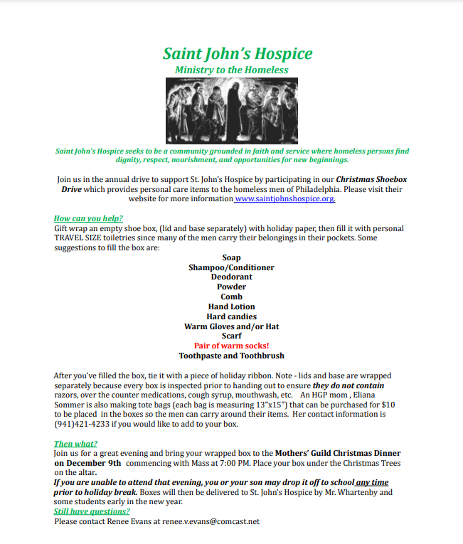 GuildHgp's tweet image. RSVP by tomorrow at 12 noon for the Christmas Dinner 12/9 open to all Mothers and Guardians of HGP students.   Don't forget to pre-purchase your raffle tickets and to bring you Saint Johns Hospice Donation on 12/9 as well.  holyghostprep.org/community/pare…