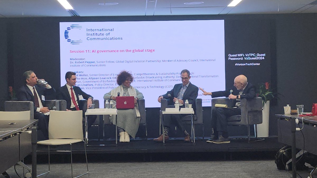 Not surprisingly, <a href="/The_IIC/">The International Institute of Communications</a> panel on  #ArtificialIntelligence governance covered a LOT of territory and posed lots of difficult and unanswered policy questions. 
Moderator: Robert Pepper 
<a href="/AllysonLeacock/">Allyson Leacock</a> <a href="/NathanLindfors/">Nathan</a> 
David Weller 
Samir Jain, <a href="/CenDemTech/">Center for Democracy & Technology</a>