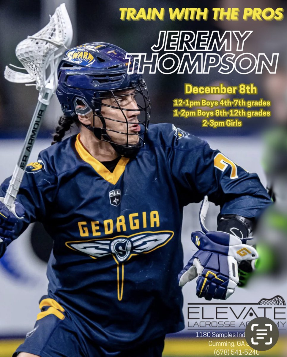 🚨 Don’t miss the chance to train with lacrosse legend Jeremy Thompson on December 8, 2024, at Elevate Lacrosse Academy! 🥍

Spaces are LIMITED—maximize your game with personalized coaching.

📞 For info &amp; registration: 678-541-5240
<a href="/GeorgiaSwarmLAX/">Georgia Swarm Professional Lacrosse</a> <a href="/HAU_Nationals/">Haudenosaunee Nationals Lacrosse</a> 
<a href="/NLL/">NLL</a>