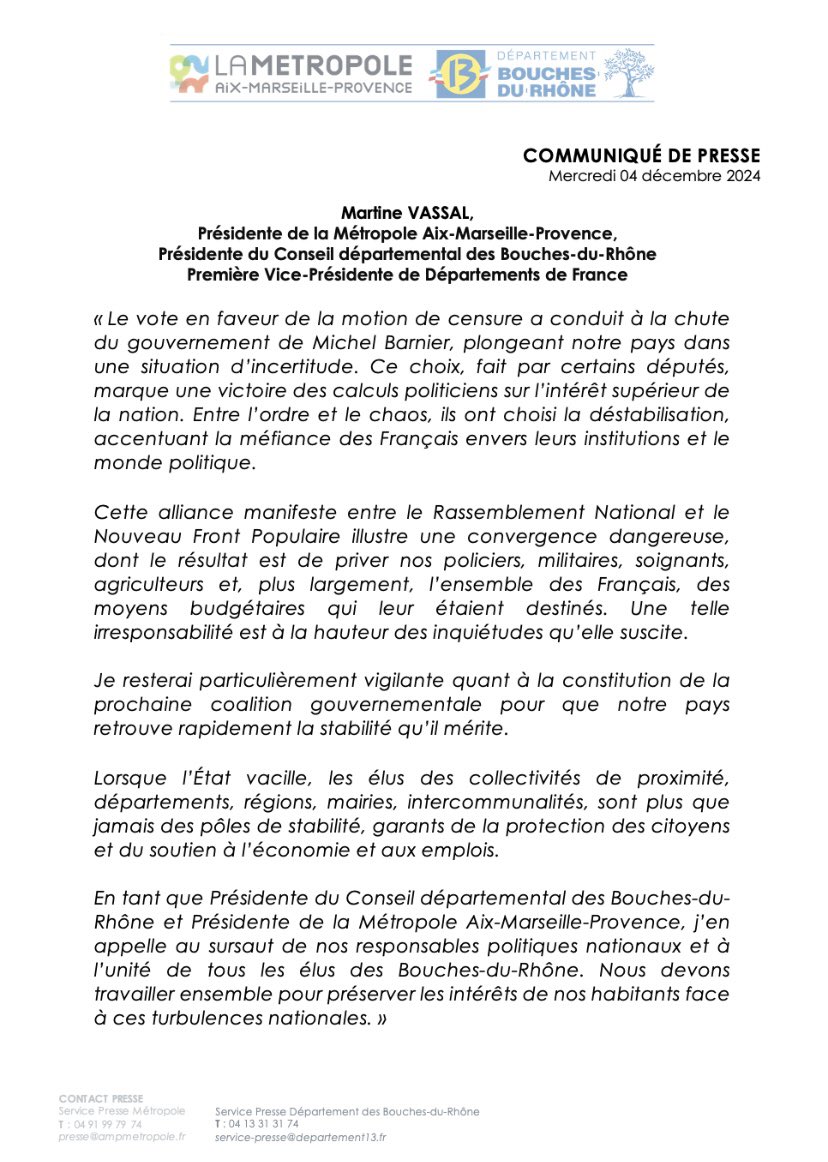 Le vote de la #MotionDeCensure scelle une convergence des luttes très claire entre le RN et le NFP. Les irresponsables ont privilégié l’intérêt partisan au sens de l’État. 

J’en appelle à l’unité de tous les élus des Bouches-du-Rhône. Pour la stabilité de notre territoire.