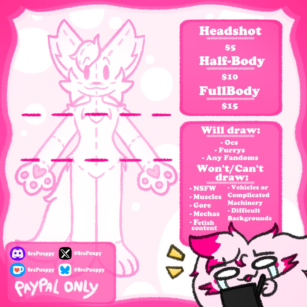 SraPuupy's tweet image. First time doing commissions.
If anyone is interested, please message me on Discord! :3
(Forgot to add, every art piece will be colored and shaded. Same prices. For some examples, please see my posts here on Twitter/X or DeviantArt.)
#furrycommission #furryart #furryartist #furry