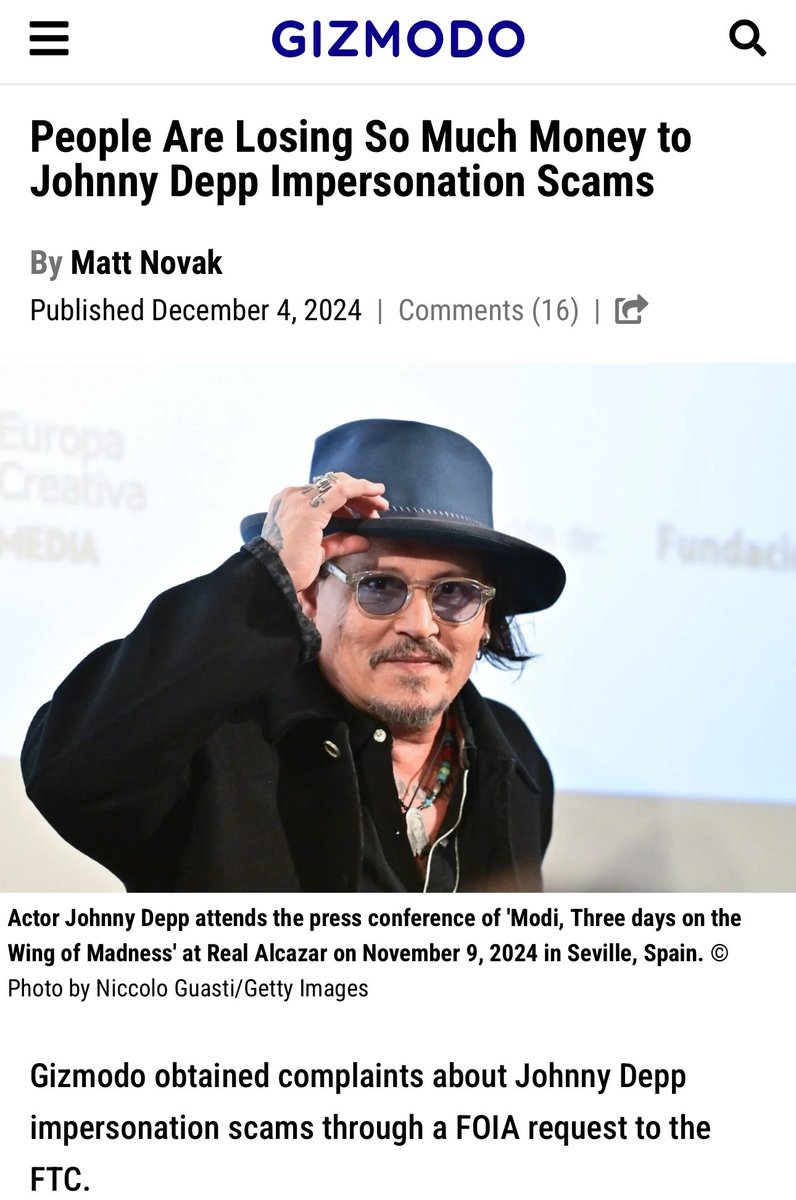 🚨Please repost this! These scammers need to stop! The examples given in the article are heartbreaking. gizmodo.com/johnny-depp-im…