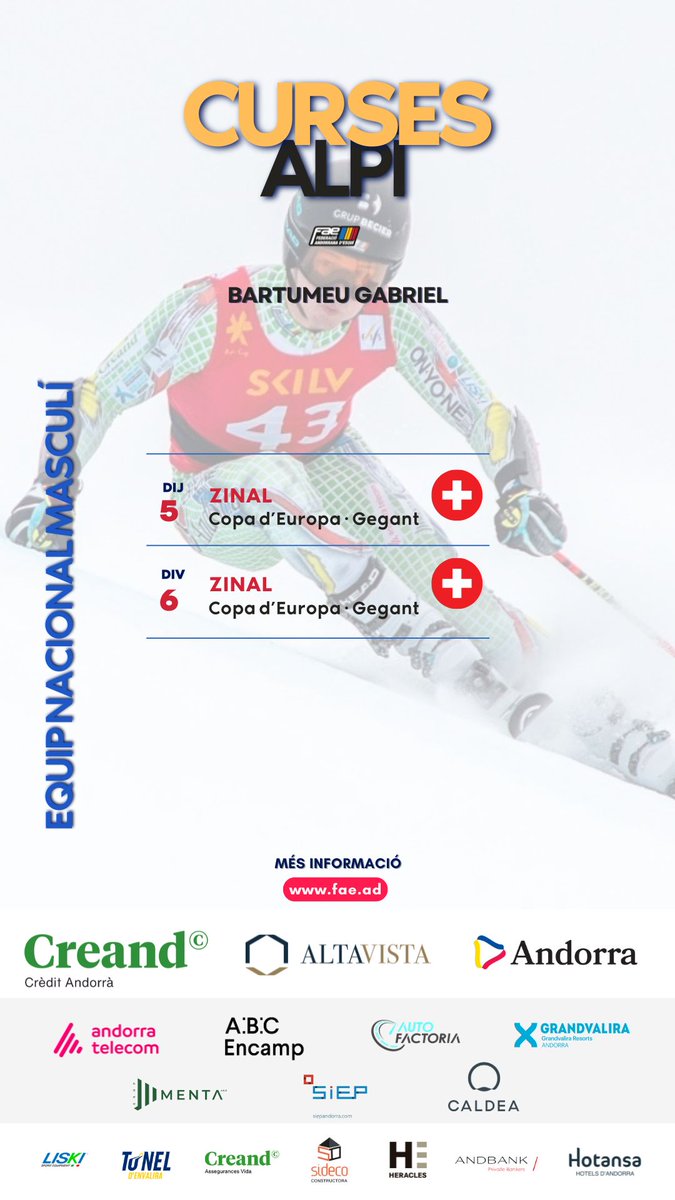 FAEAndorra's tweet photo. ALPÍ · Dijous és jornada de Copa d'Europa per a @bartugabriel a #Zinal 🇨🇭.
🎽 Dorsal 81
LIVE 📲 https://t.co/Dv33gGk1Ao https://t.co/2ZZ11CRtoF