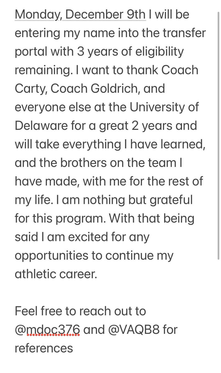 I will be entering the transfer portal with 3 years of eligibility. Thankful for my time at Delaware 🙏 
DMS open and film available upon request 
<a href="/mdoc376/">Coach Doc</a> <a href="/VAQB8/">Coach Thompson</a>
