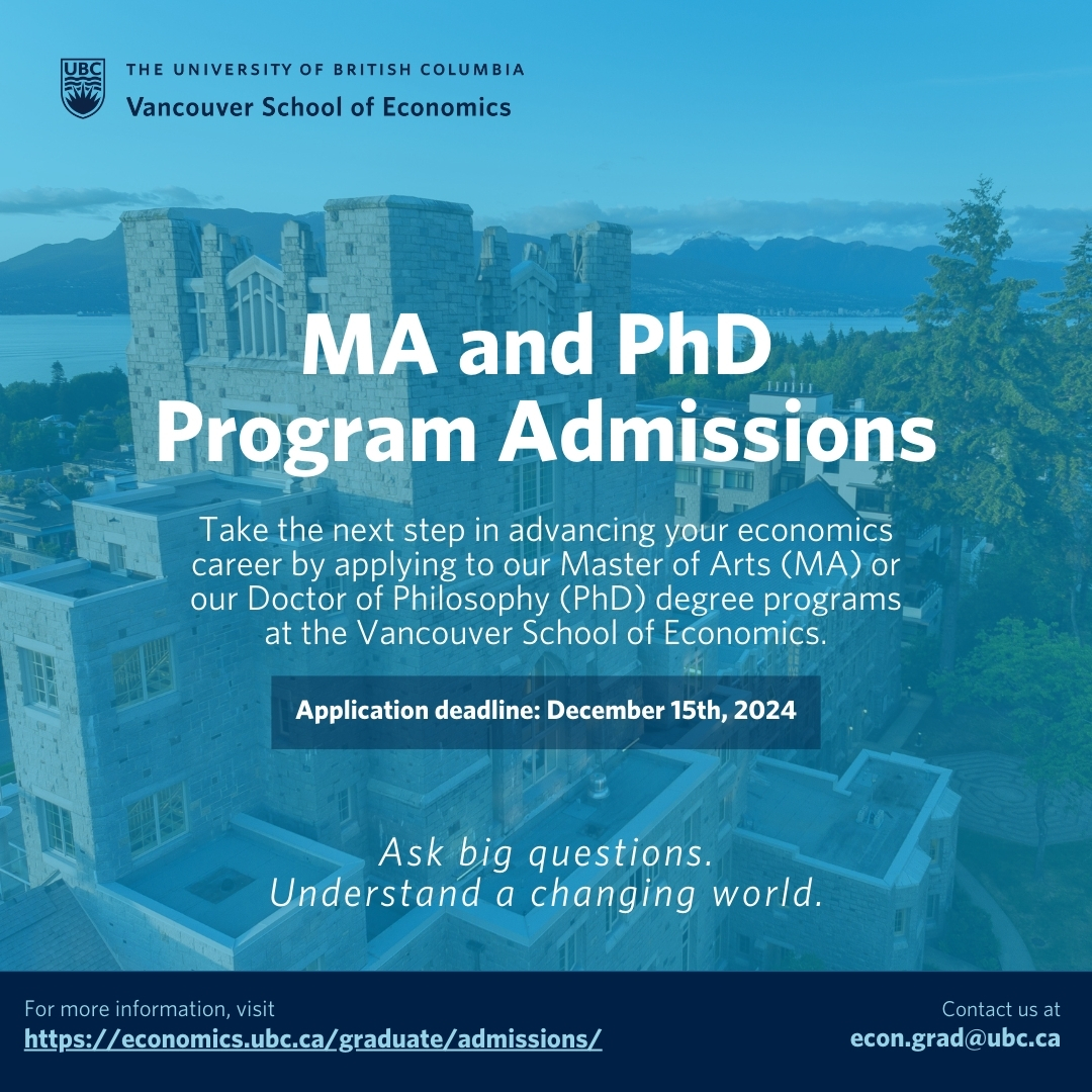 Applications for our MA and PhD in Economics program are open until December 15th, 2024. Learn more at economics.ubc.ca/graduate/admis…