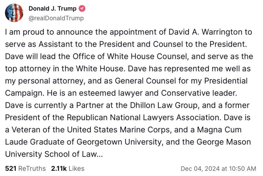 Congratulations to my boss, friend, and mentor, David Warrington, on the announcement that he will serve as President Trump's White House Counsel. 
The thing about Dave is that he's not just great at what he does, it's that he's kind, thoughtful, and a loving family man while