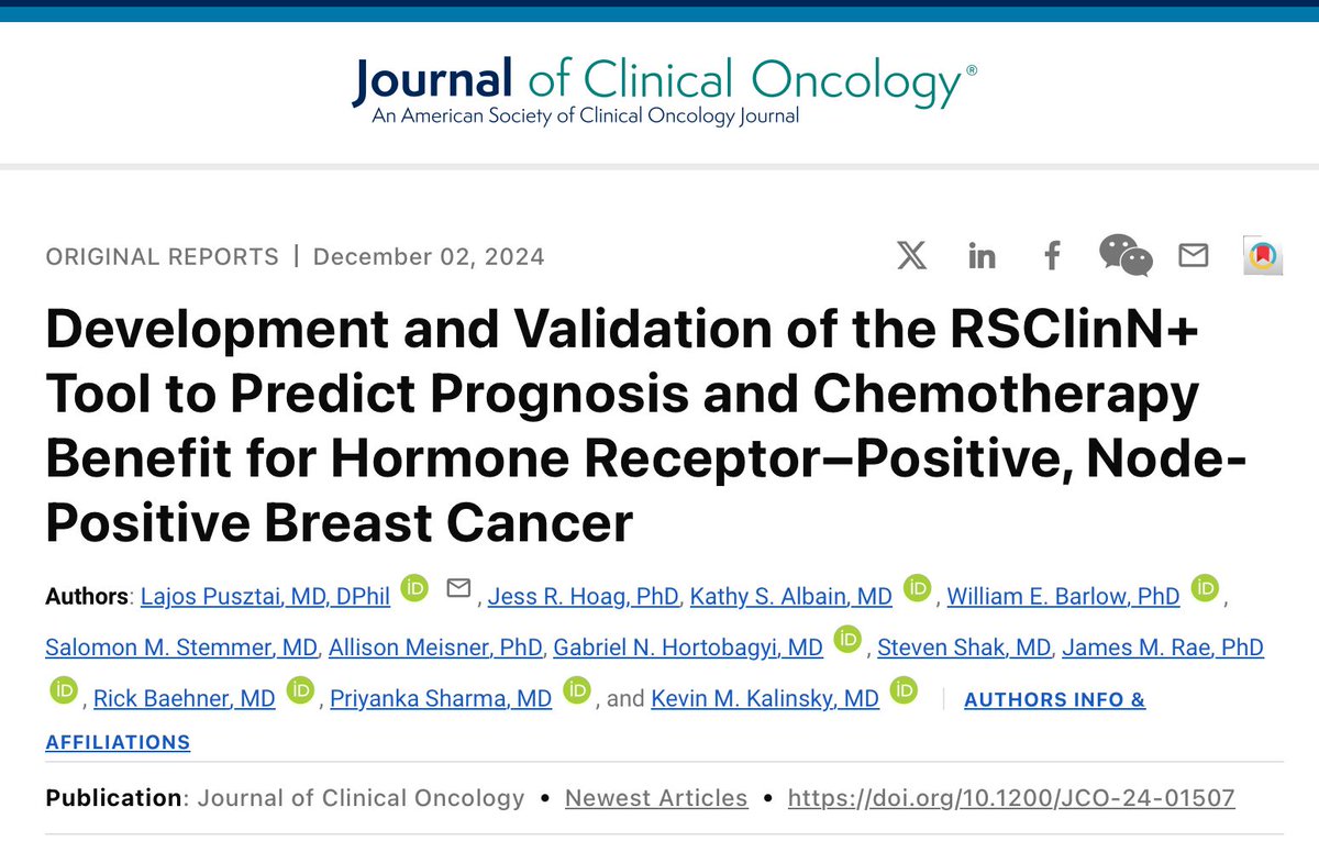 Development and Validation of the RSClinN+ Tool to Predict Prognosis and Chemotherapy Benefit for Hormone Receptor–Positive, Node-Positive #BreastCancer out in JCO

study aimed to develop a tool called RSClinN+ to personalize recurrence risk and chemotherapy benefit predictions