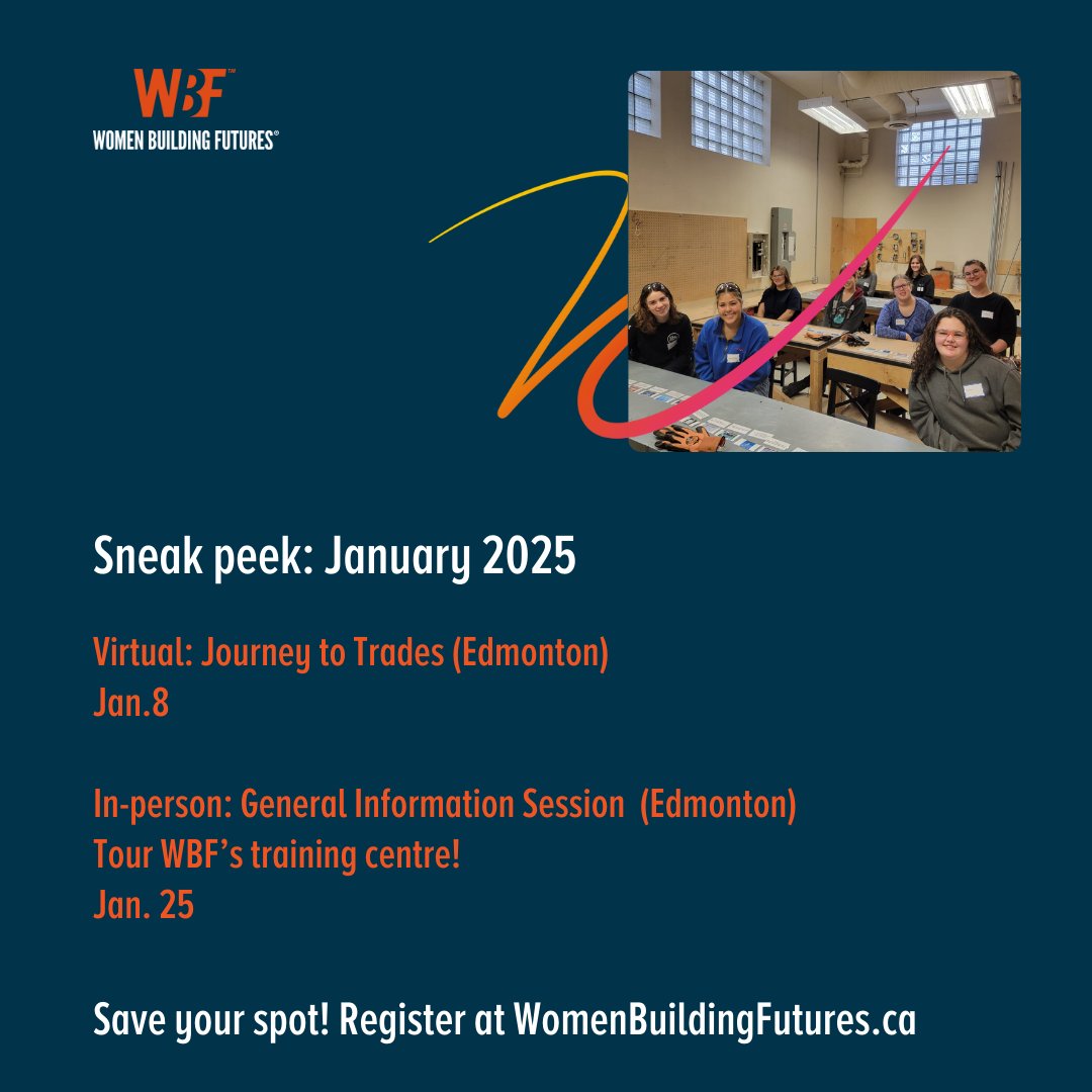 Curious about how our free training programs and support can help you change your career?  

Our information sessions are your opportunity to learn about WBF and ask all your questions! 

To save your spot, go to: womenbuildingfutures.ca/getting-starte…