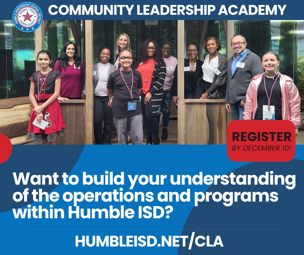 🚨 Curious about the operations and programs within Humble ISD? Build your understanding with the Humble ISD Community Leadership Academy! 🌟

📅 4 half-day sessions 
🕘 Tours, insights, &amp; connections
💡  Apply by Dec. 10, 2024!
🖊️ Learn more &amp; apply: Humbleisd.net/cla