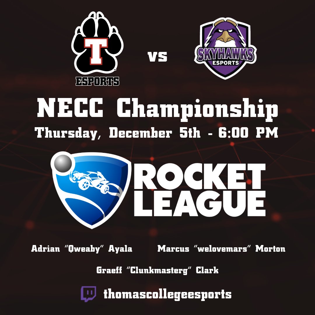 Thomas Esports (@thomasesports) on Twitter photo Come support our #RocketLeague Red team tomorrow night at 6pm as they take on <a href="/StonehillGaming/">Stonehill Gaming Club</a> in the NECC Finals on our twitch channel!🔥🐶 Come support our #RocketLeague Red team tomorrow night at 6pm as they take on <a href="/StonehillGaming/">Stonehill Gaming Club</a> in the NECC Finals on our twitch channel!🔥🐶