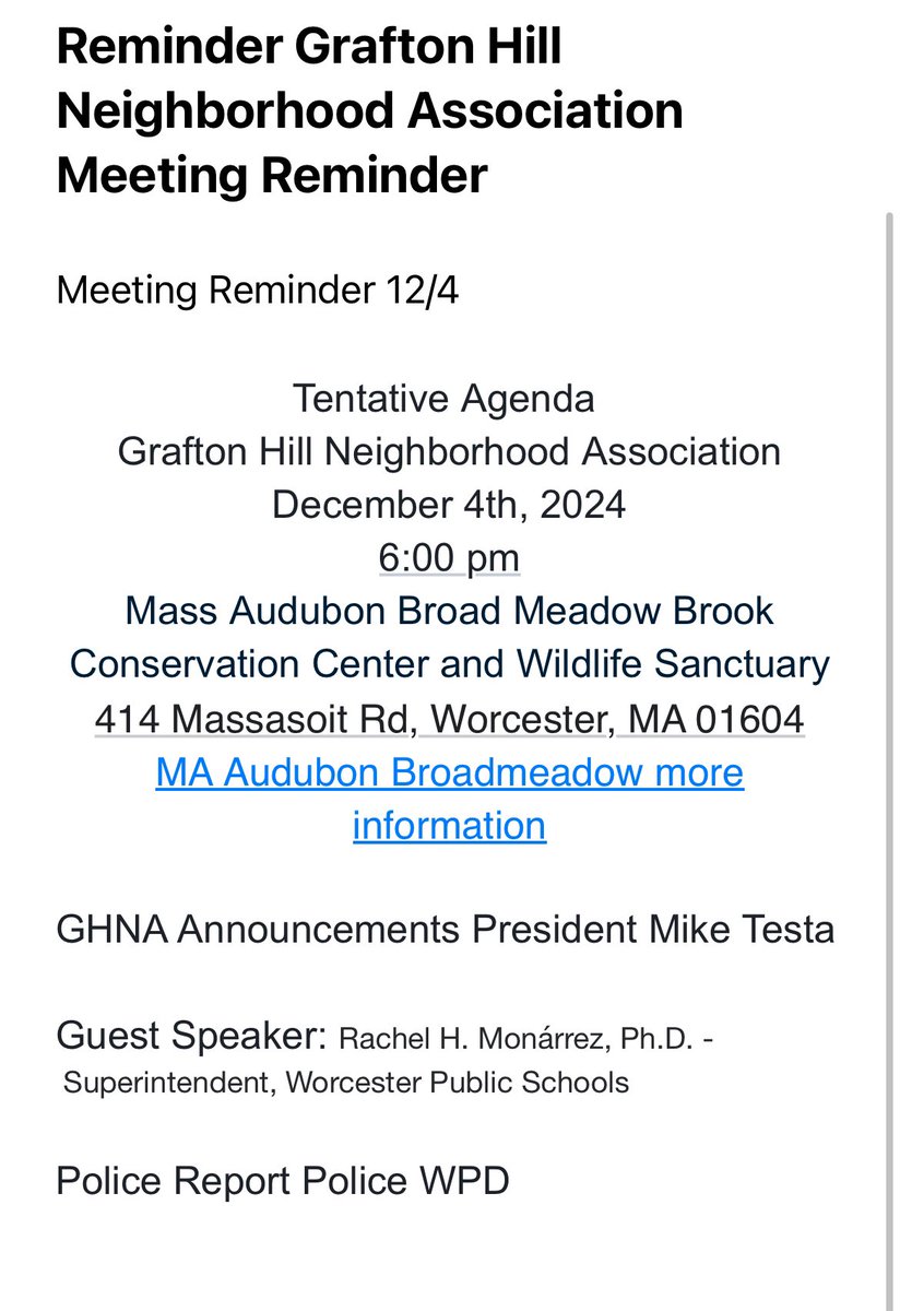 🎉Grafting Hill Neighborhood Association Meeting🎉🎉

Guest Speaker: Rachel H. Monárrez, Ph.D. - Superintendent, Worcester Public Schools

Knowing this group, we should all be there to show our support!!