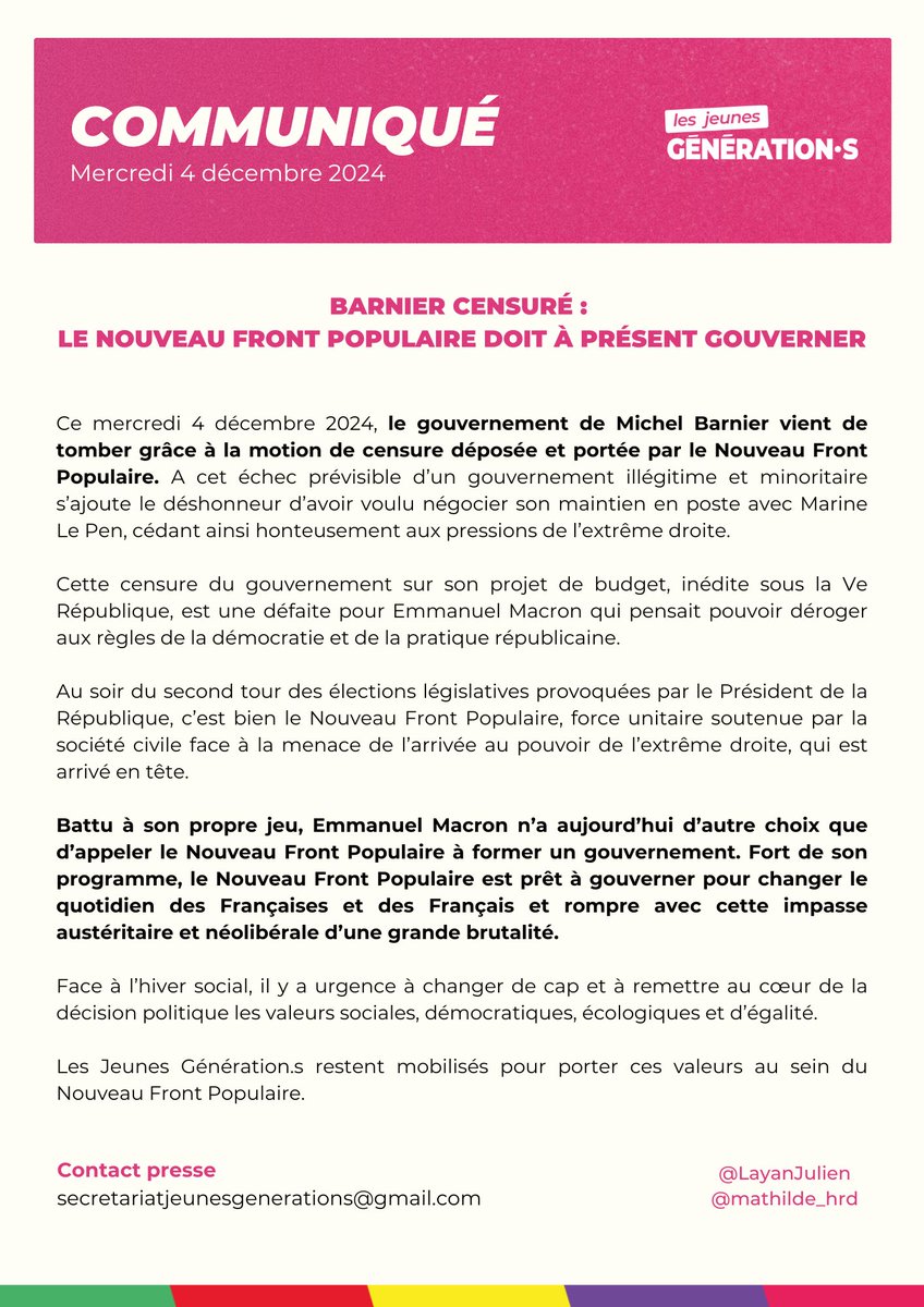 🔴 ⚡️ Barnier censuré : le Nouveau Front Populaire doit à présent gouverner. 

Notre communiqué ↓